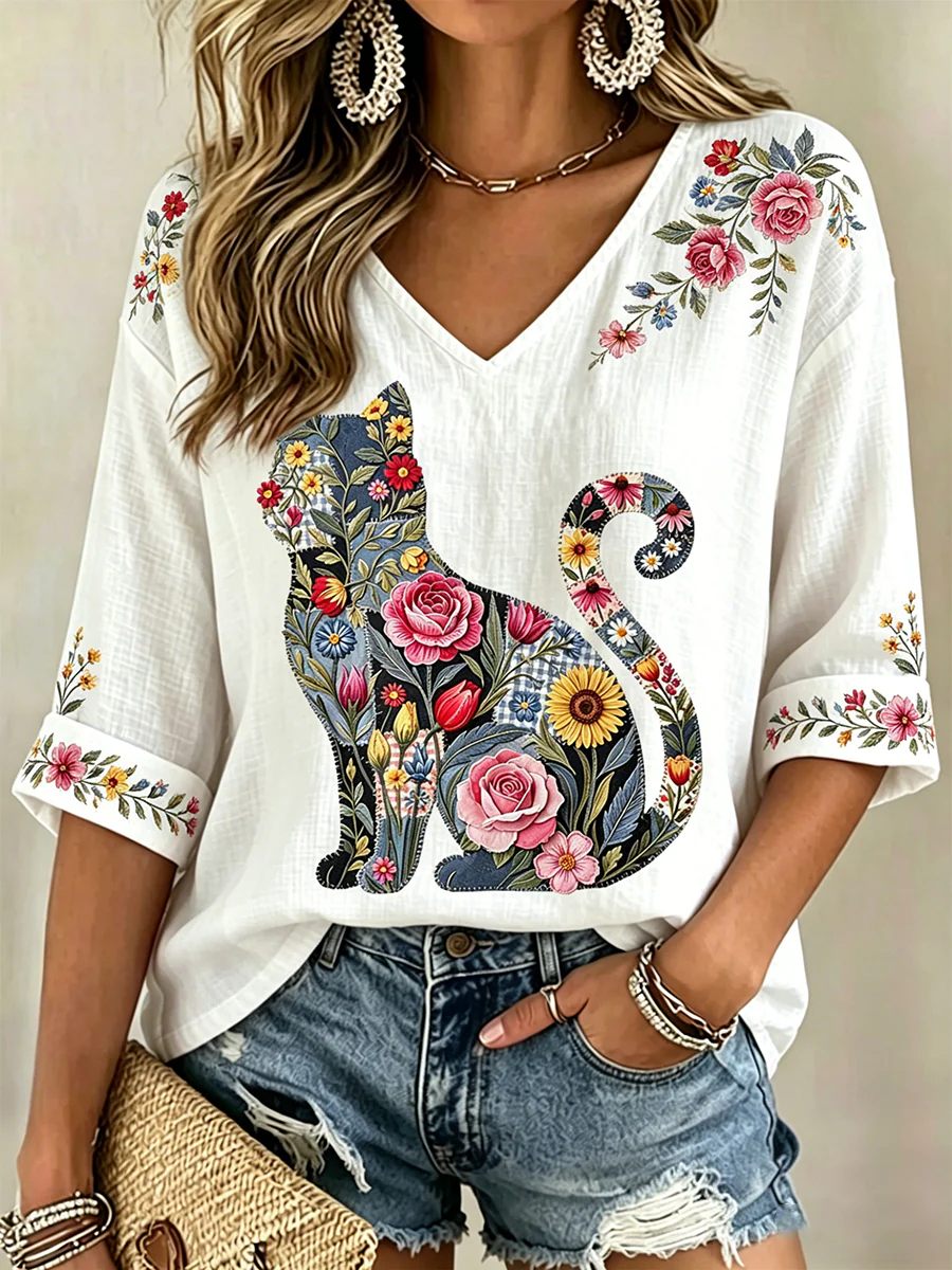 Women's Floral Cats Print Casual V-Neck Tee - Image 3