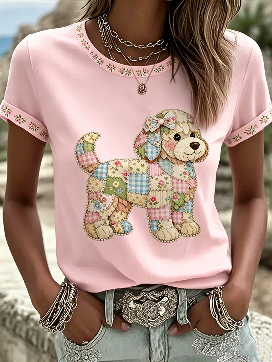 Women's Floral Dog Print Casual Tee