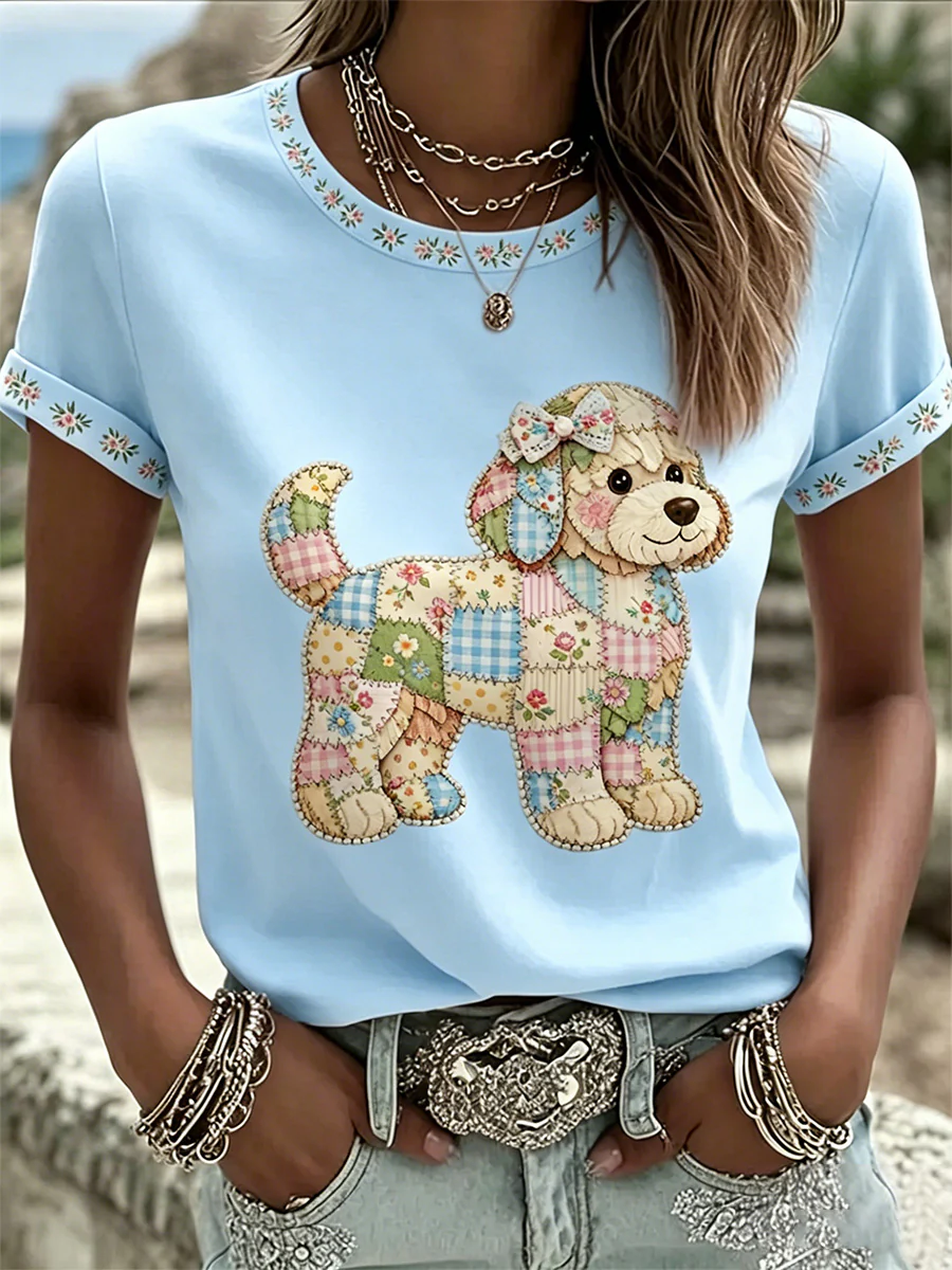 Women's Floral Dog Print Casual Tee - Image 2