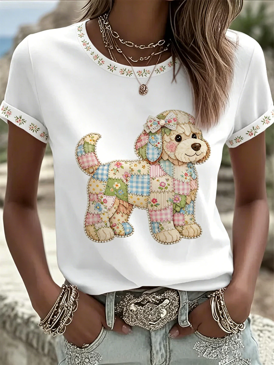 Women's Floral Dog Print Casual Tee - Image 3