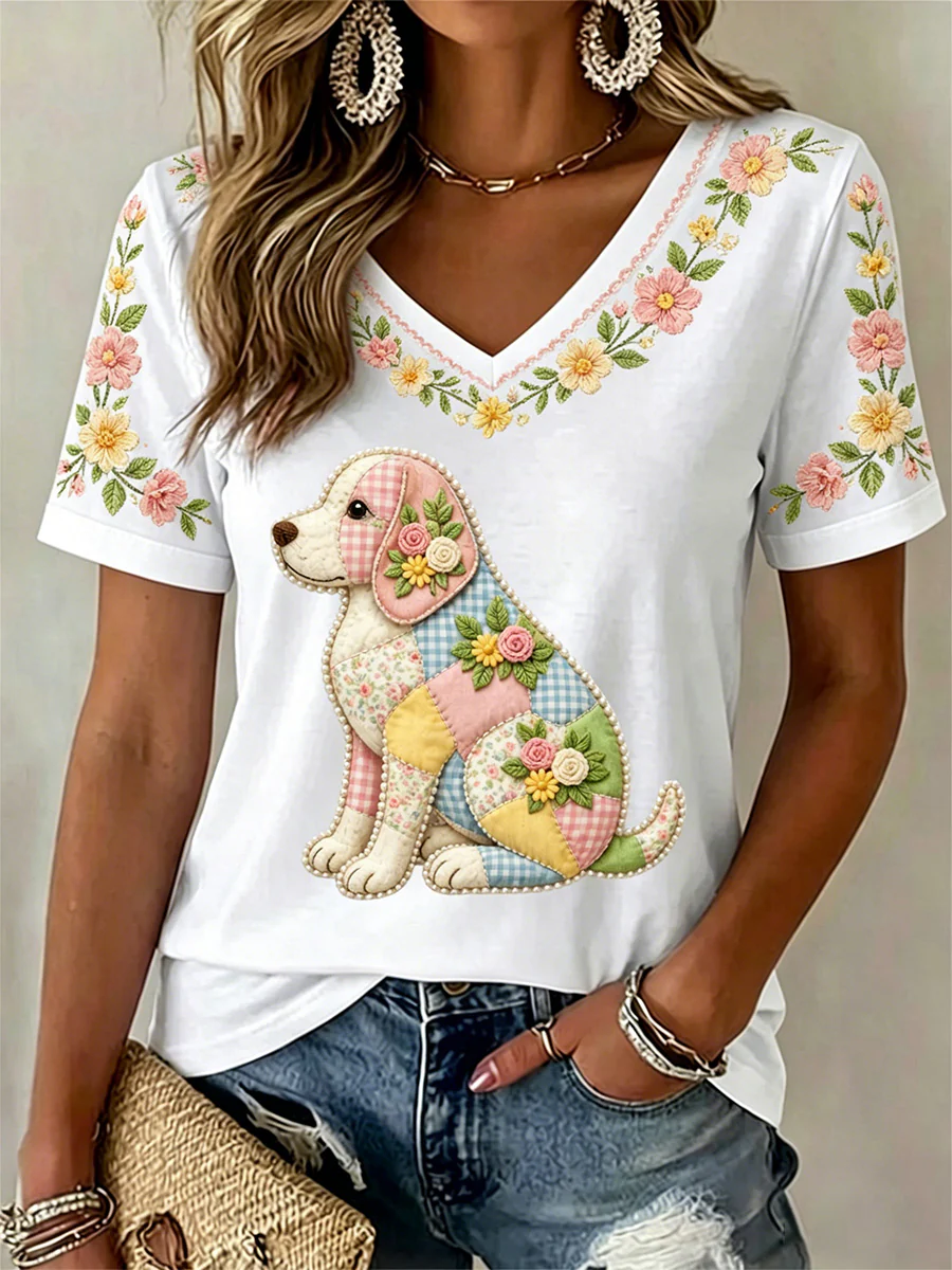 Women's Floral Dog Print Casual V-Neck Tee - Image 3