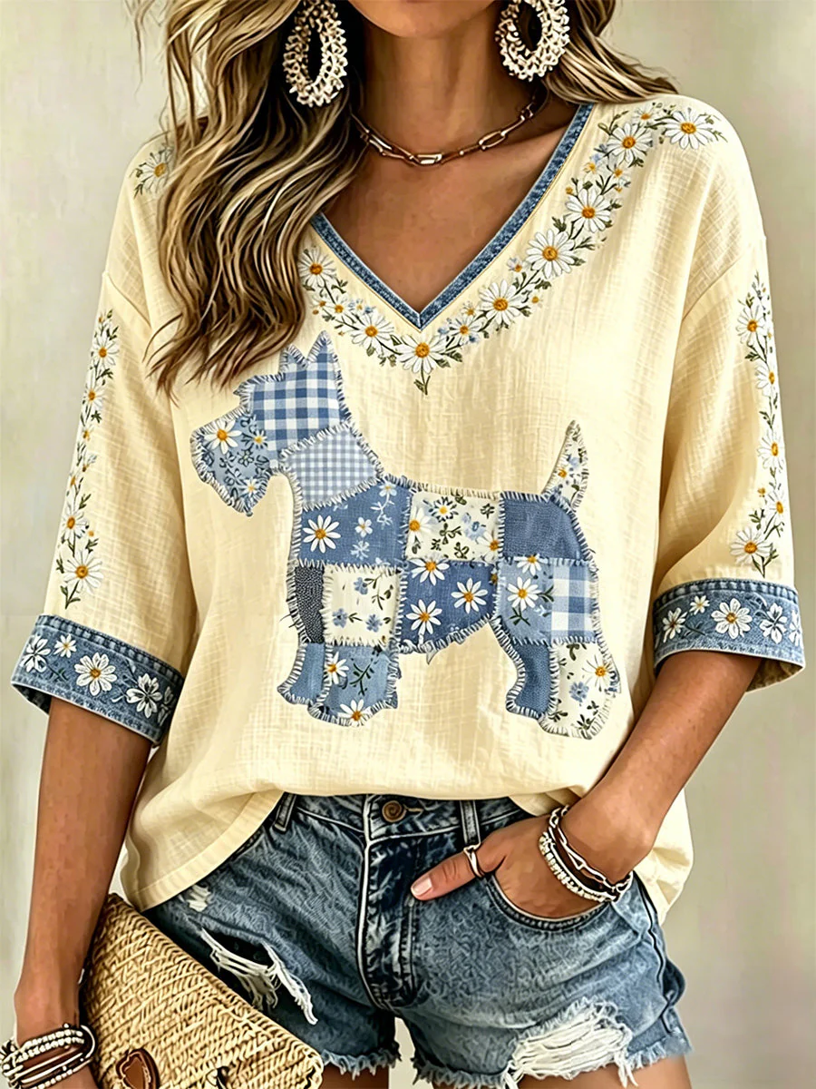 Women's Floral Dog Print Casual V-Neck Top - Image 4