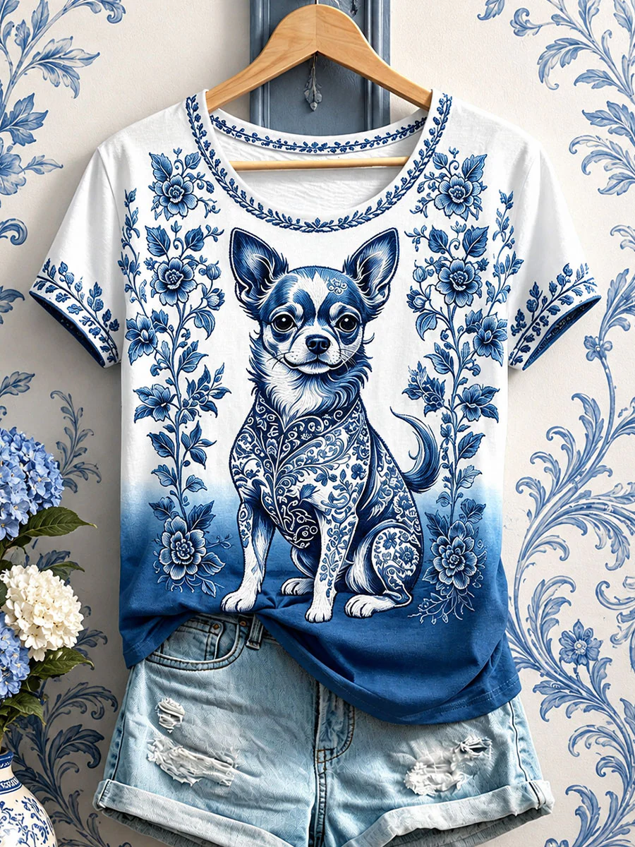Women's Floral Dog Print T-Shirts - Image 2