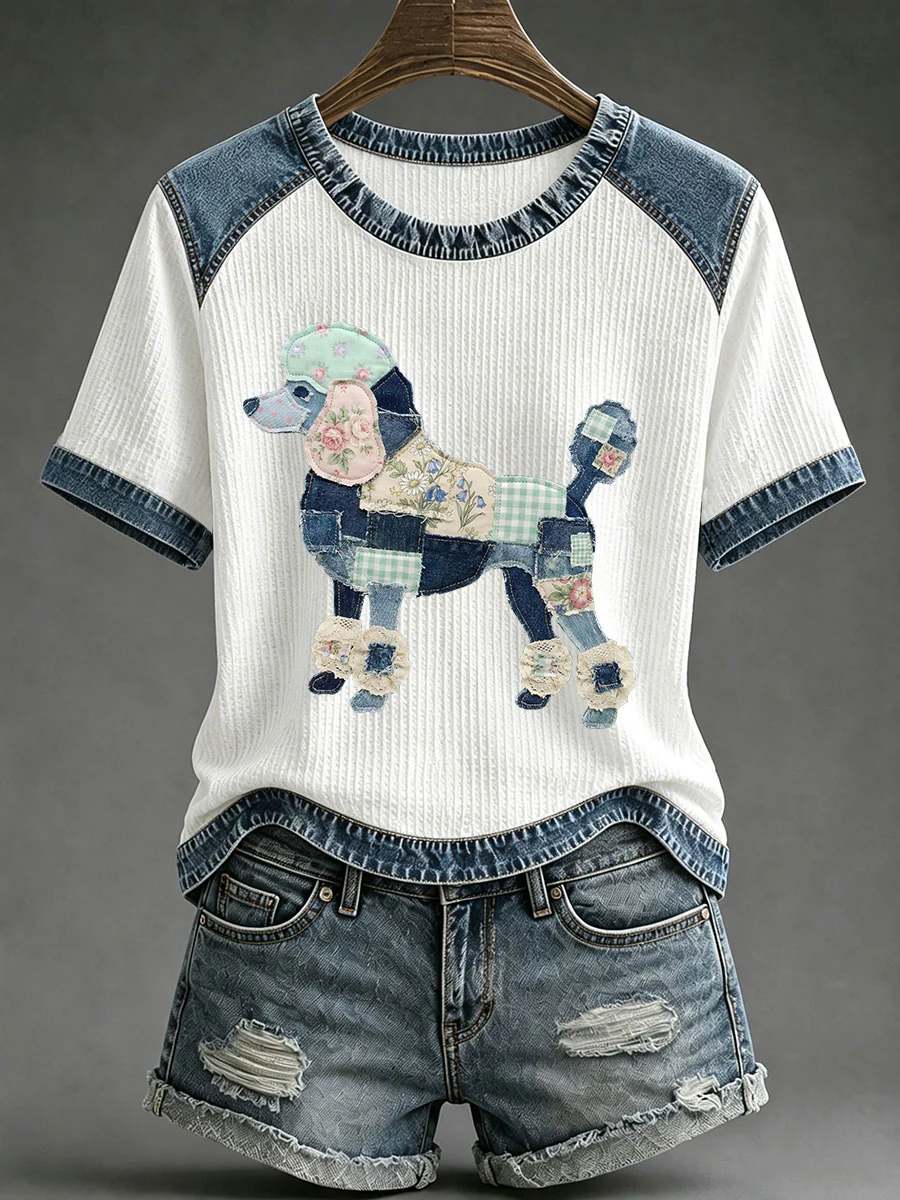 Women's Floral Plaid Denim Dog Art Waffle Print Casual T-Shirt