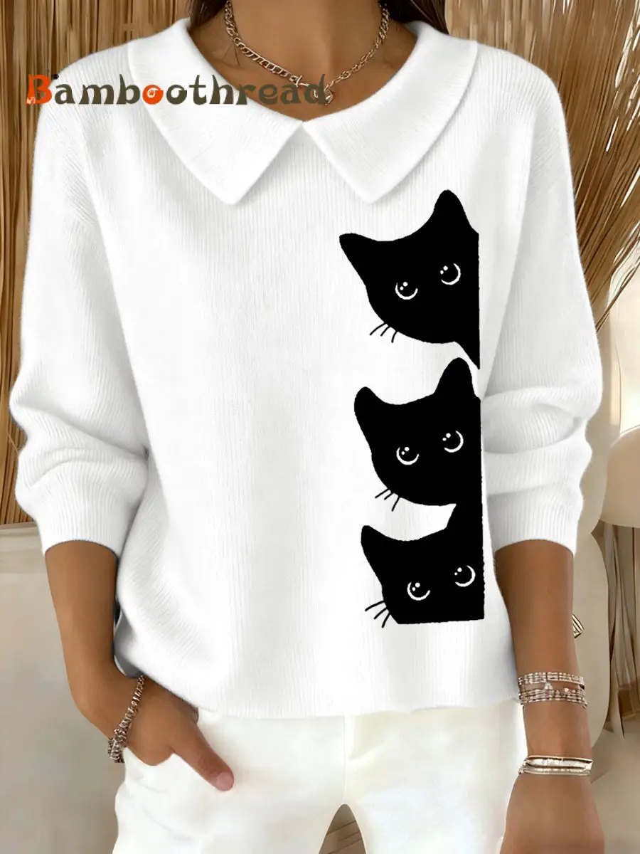 Women's Funny Cat Print Cat Lovers Casual Baby Doll Collar Top - Image 2
