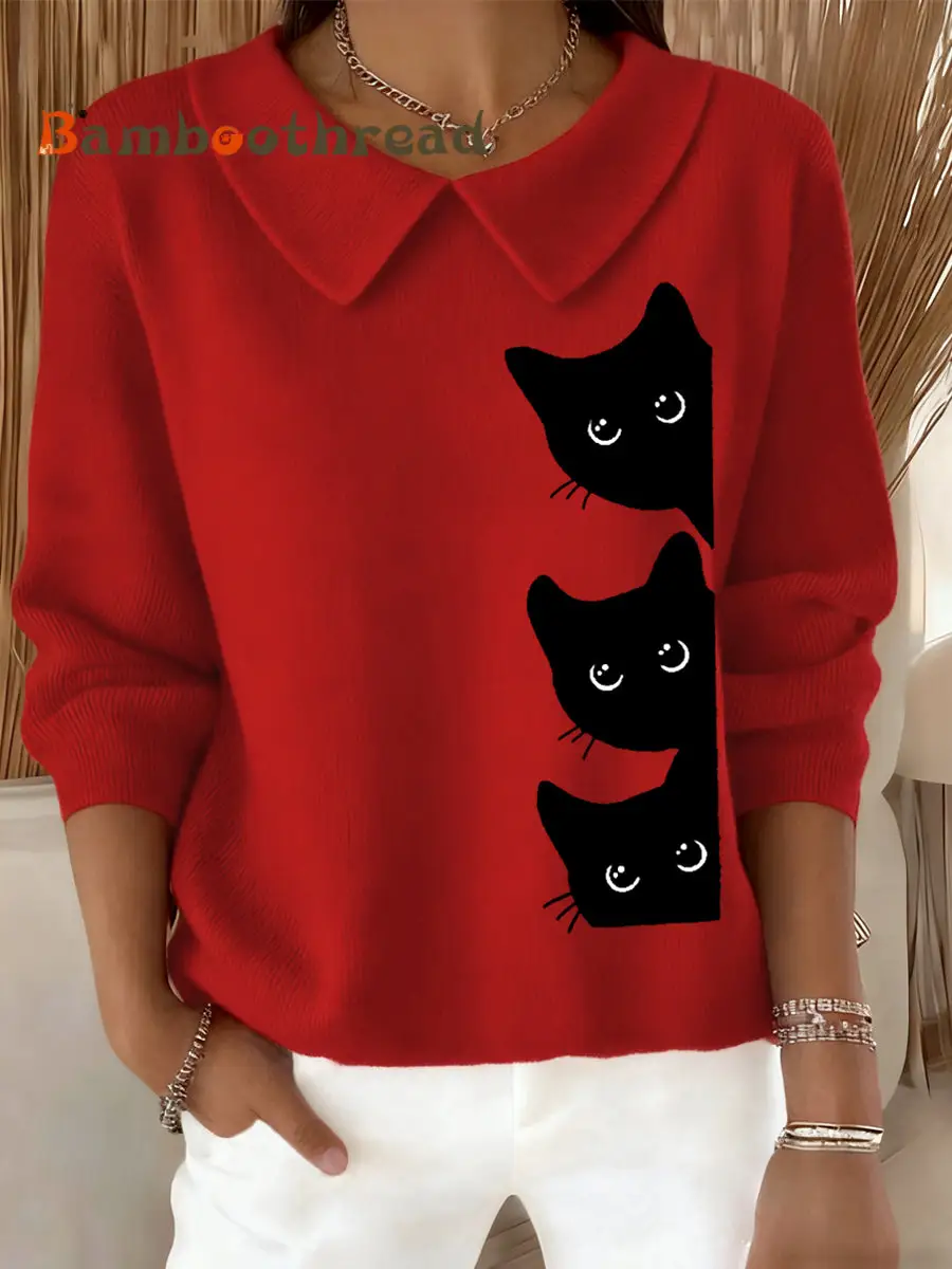 Women's Funny Cat Print Cat Lovers Casual Baby Doll Collar Top - Image 3