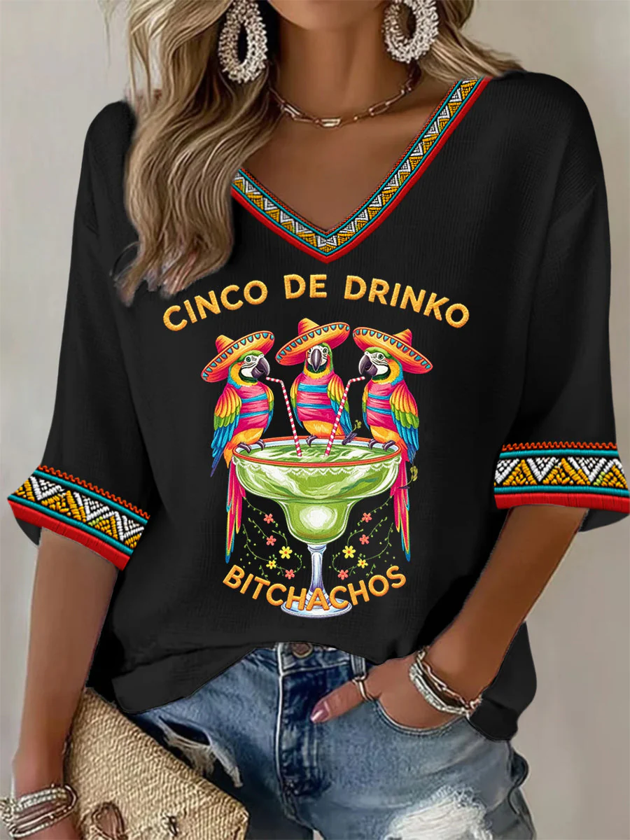 Women's Funny Cinco De Drinko Bitchachos Parrots Print Casual Waffle Top - Image 3