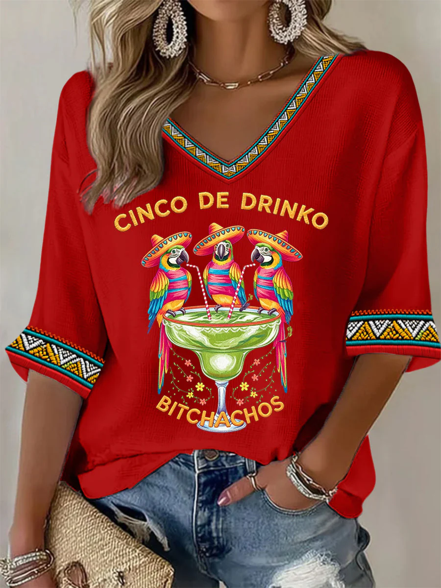 Women's Funny Cinco De Drinko Bitchachos Parrots Print Casual Waffle Top - Image 4