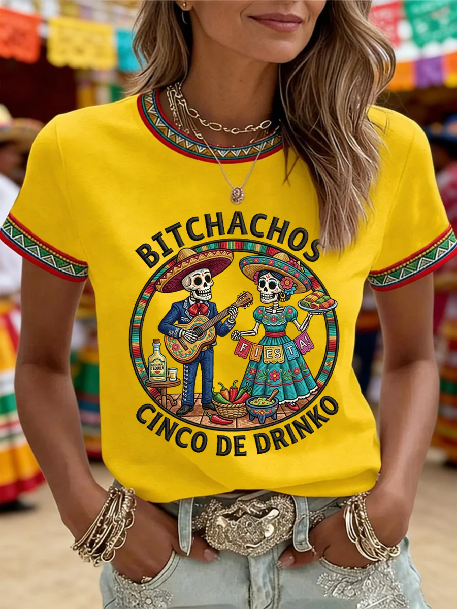 Women's Funny Cinco De Drinko Bitchachos Skeleton Print Casual Tee - Image 2
