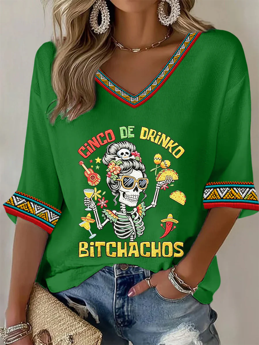 Women's Funny Cinco De Drinko Bitchachos Skeleton Print Casual  Waffle T-shirt - Image 2