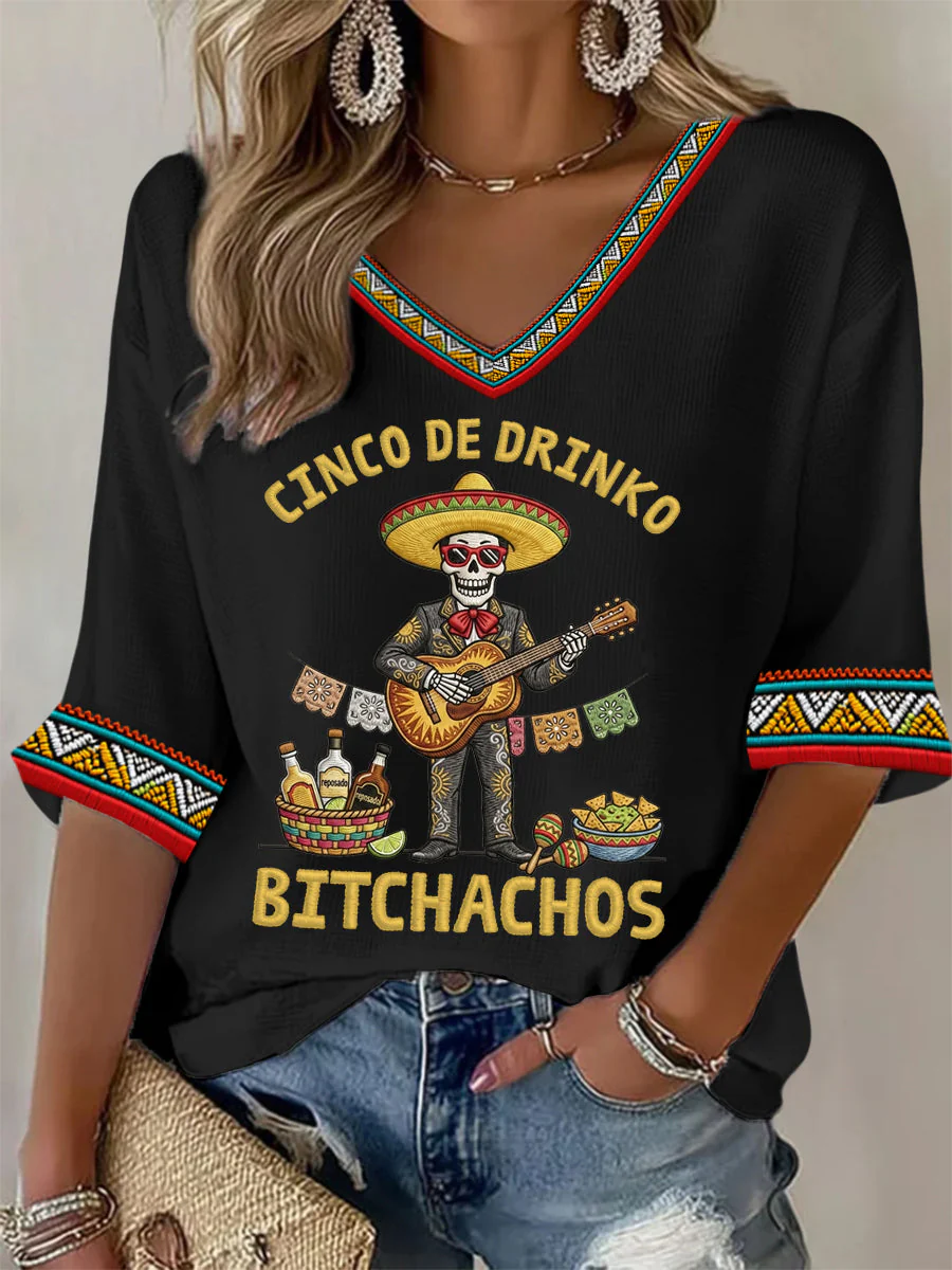 Women's Funny Cinco De Drinko Bitchachos Skeleton Print Casual Waffle Top - Image 5