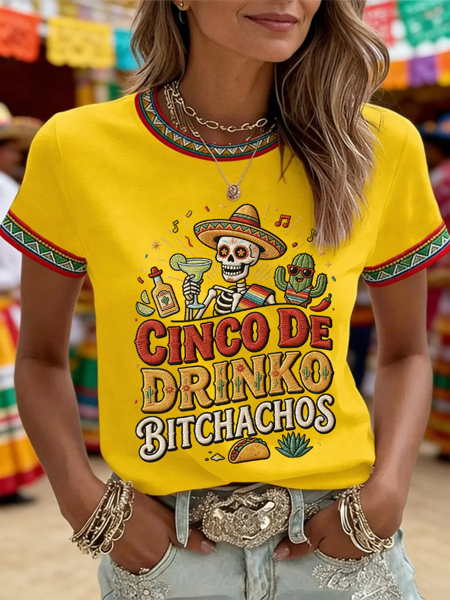 Women's Funny Cinco De Drinko Bitchachos Skull Print Tee - Image 2