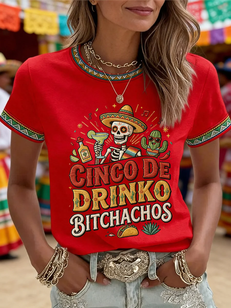Women's Funny Cinco De Drinko Bitchachos Skull Print Tee - Image 3