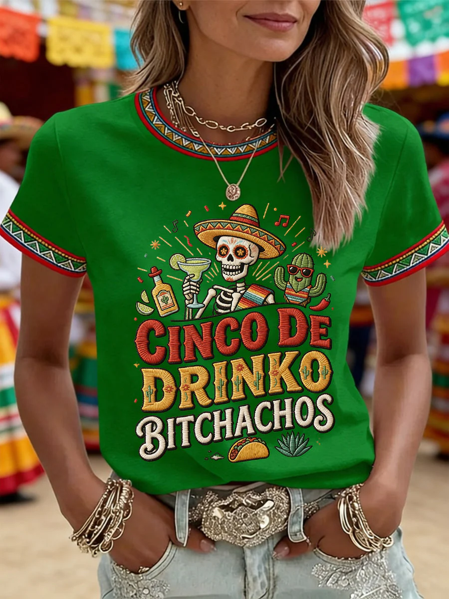 Women's Funny Cinco De Drinko Bitchachos Skull Print Tee - Image 4