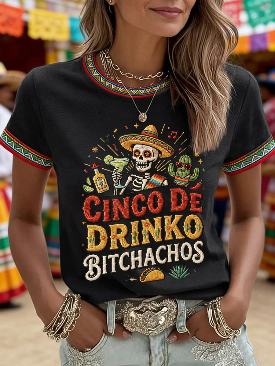 Women's Funny Cinco De Drinko Bitchachos Skull Print Tee - Image 5