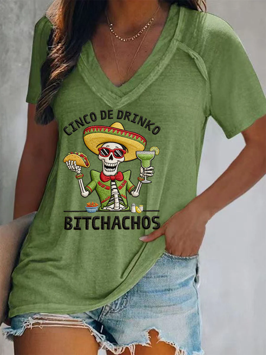 Women's Funny Cinco De Drinko Bitchachos Skull Print V-Neck Tee - Image 3
