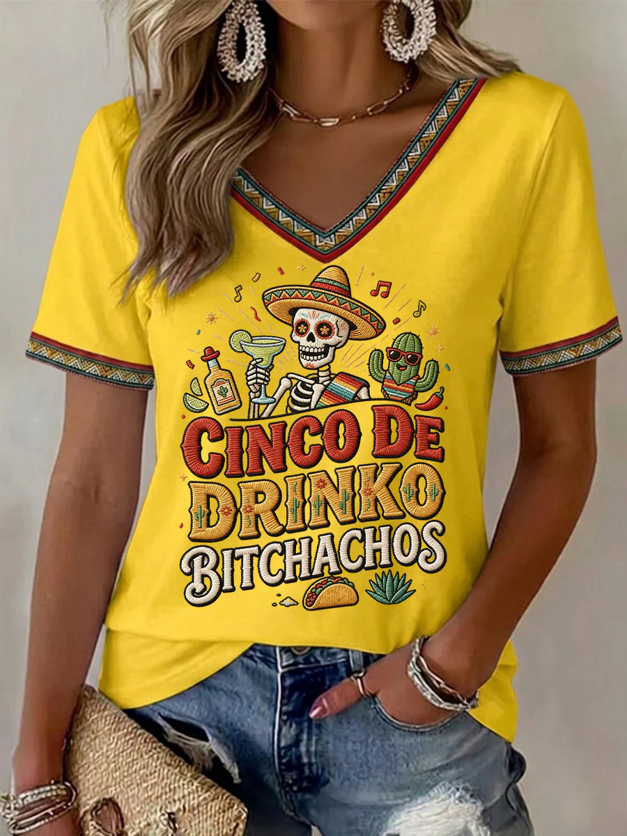 Women's Funny Cinco De Drinko Bitchachos Skull Print V-Neck Tee - Image 2