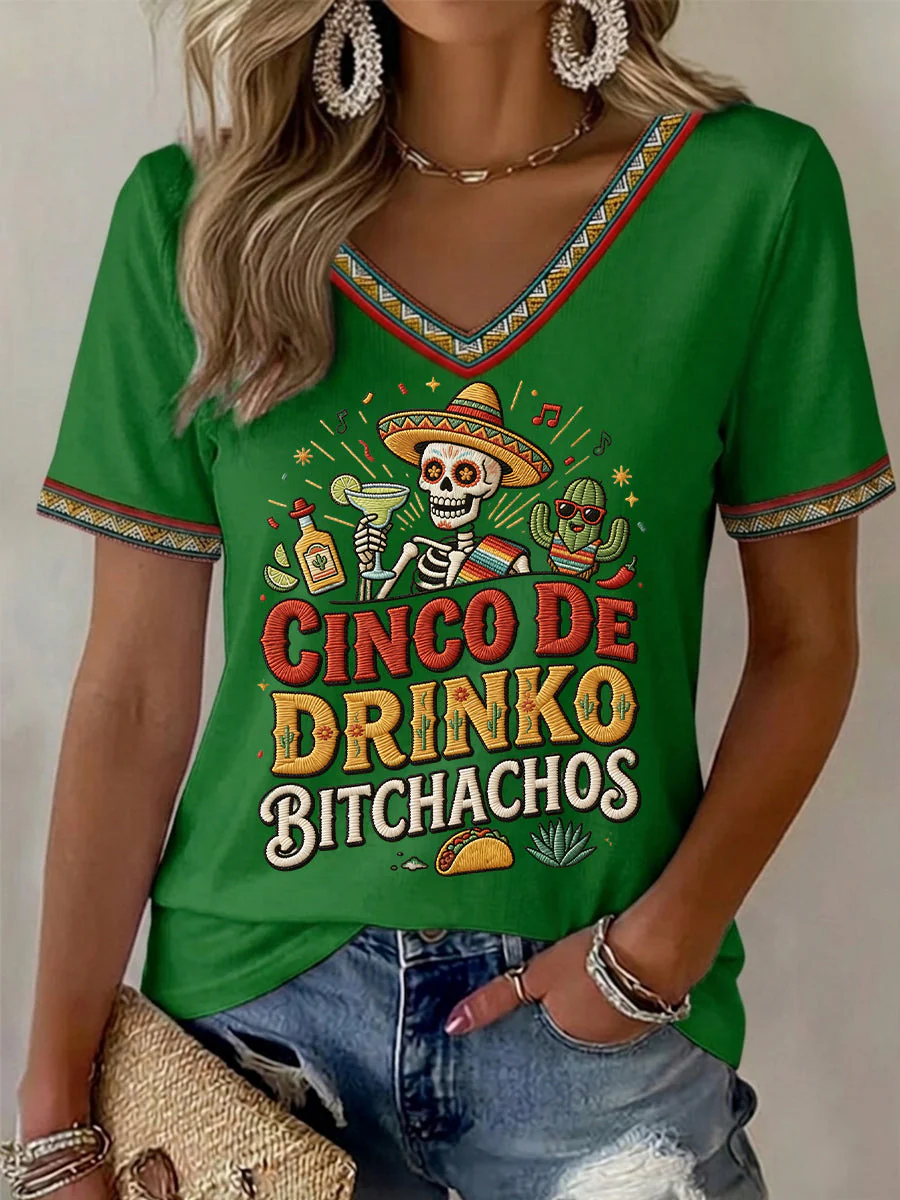 Women's Funny Cinco De Drinko Bitchachos Skull Print V-Neck Tee - Image 3