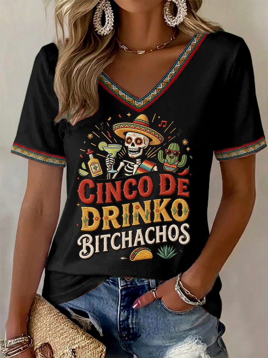 Women's Funny Cinco De Drinko Bitchachos Skull Print V-Neck Tee - Image 5