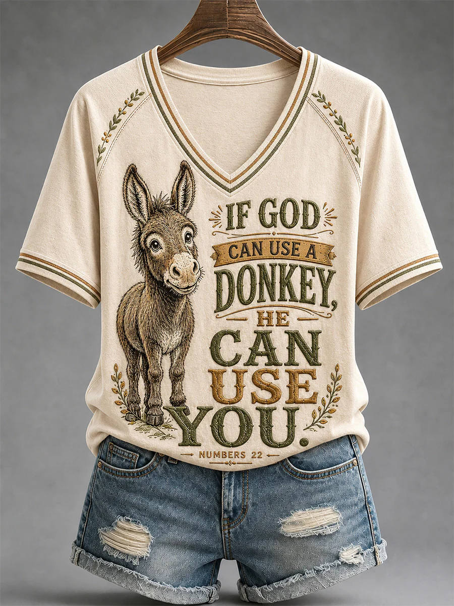 Women's Funny Donkey If God Can Use Donkey He Can Use You Print Casual V-Neck Tee