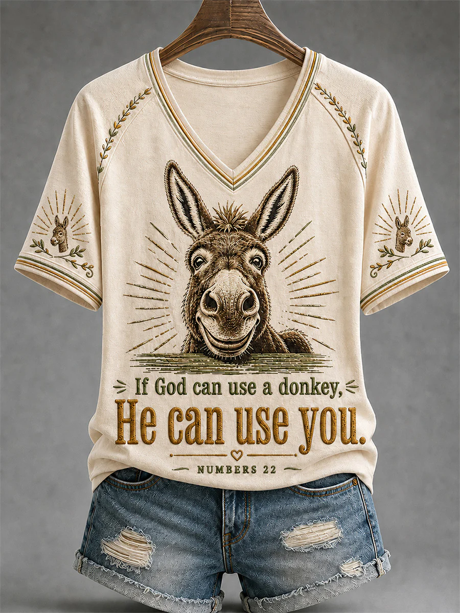 Women's Funny Donkey If God Can Use Donkey He Can Use You Print Casual V-Neck Tee