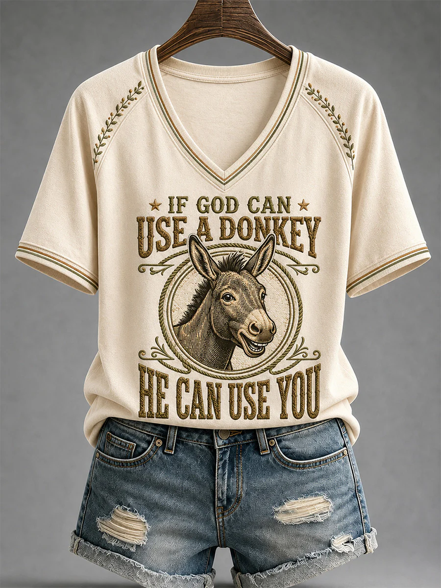 Women's Funny Donkey If God Can Use Donkey He Can Use You Print Casual V-Neck Tee