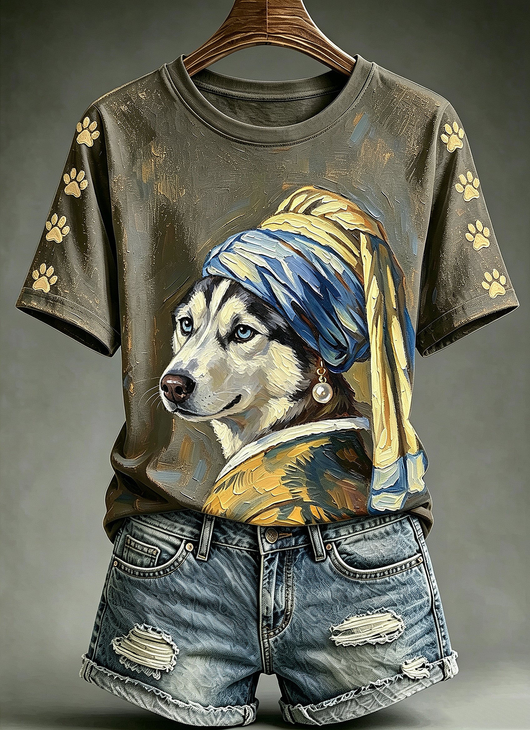 Women's Funny Oil Painting Animals Dog Printed Vintage Fashion Loose Short Sleeve T-Shirt