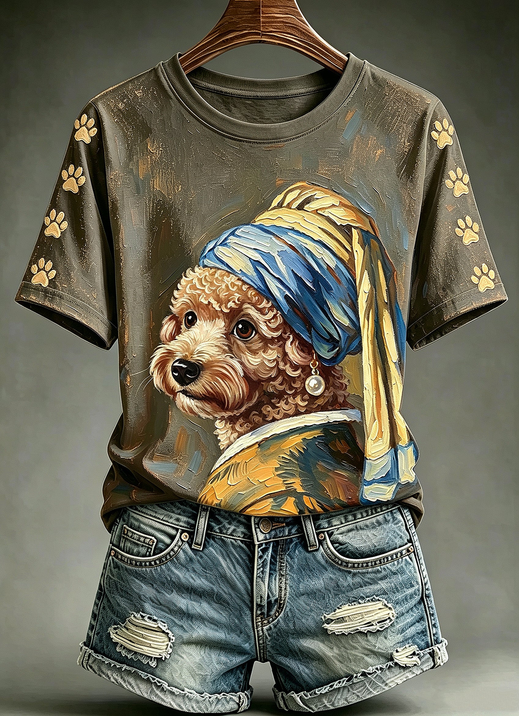 Women's Funny Oil Painting Animals Dog Printed Vintage Fashion Loose Short Sleeve T-Shirt