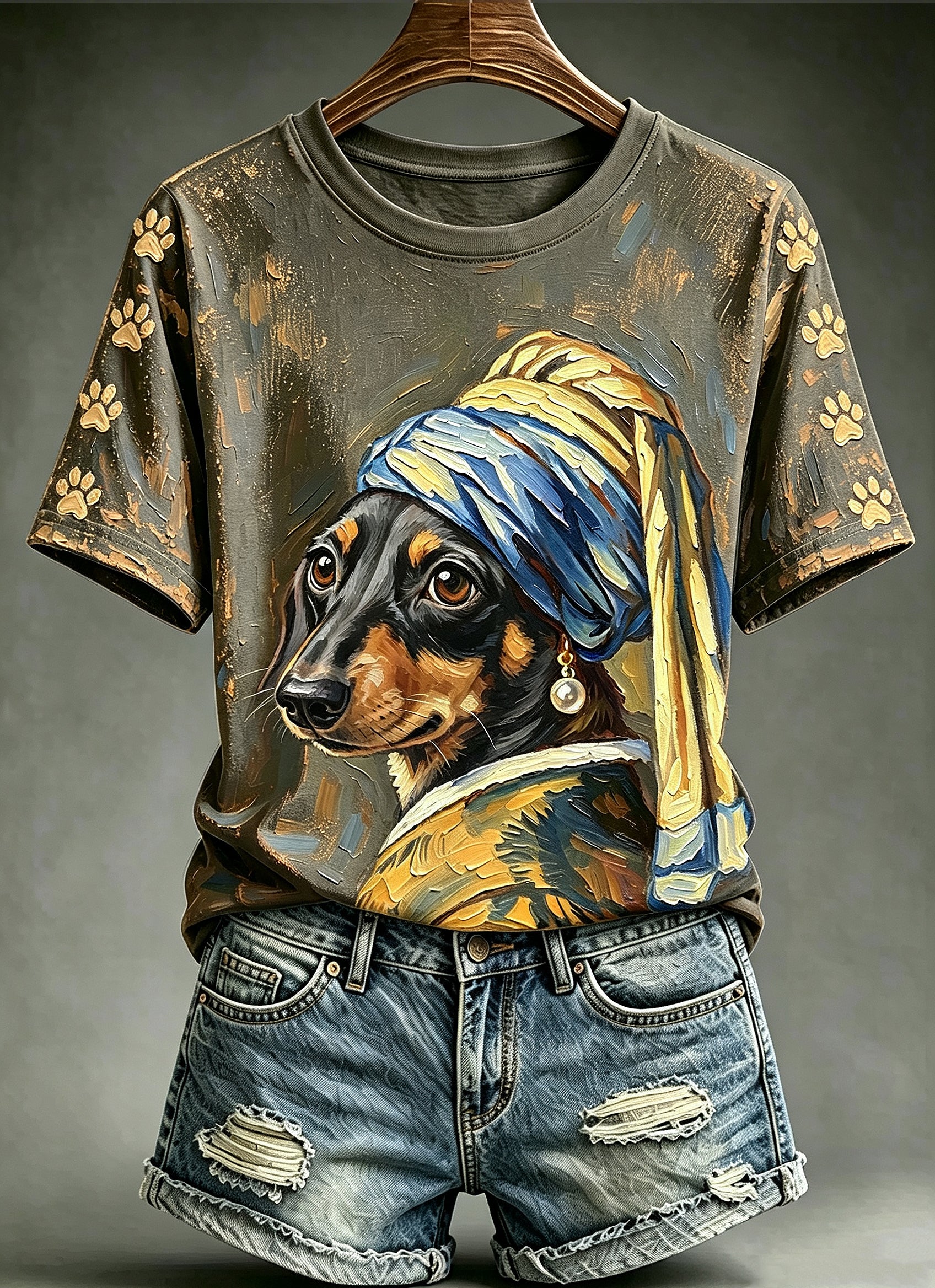 Women's Funny Oil Painting Animals Dog Printed Vintage Fashion Loose Short Sleeve T-Shirt