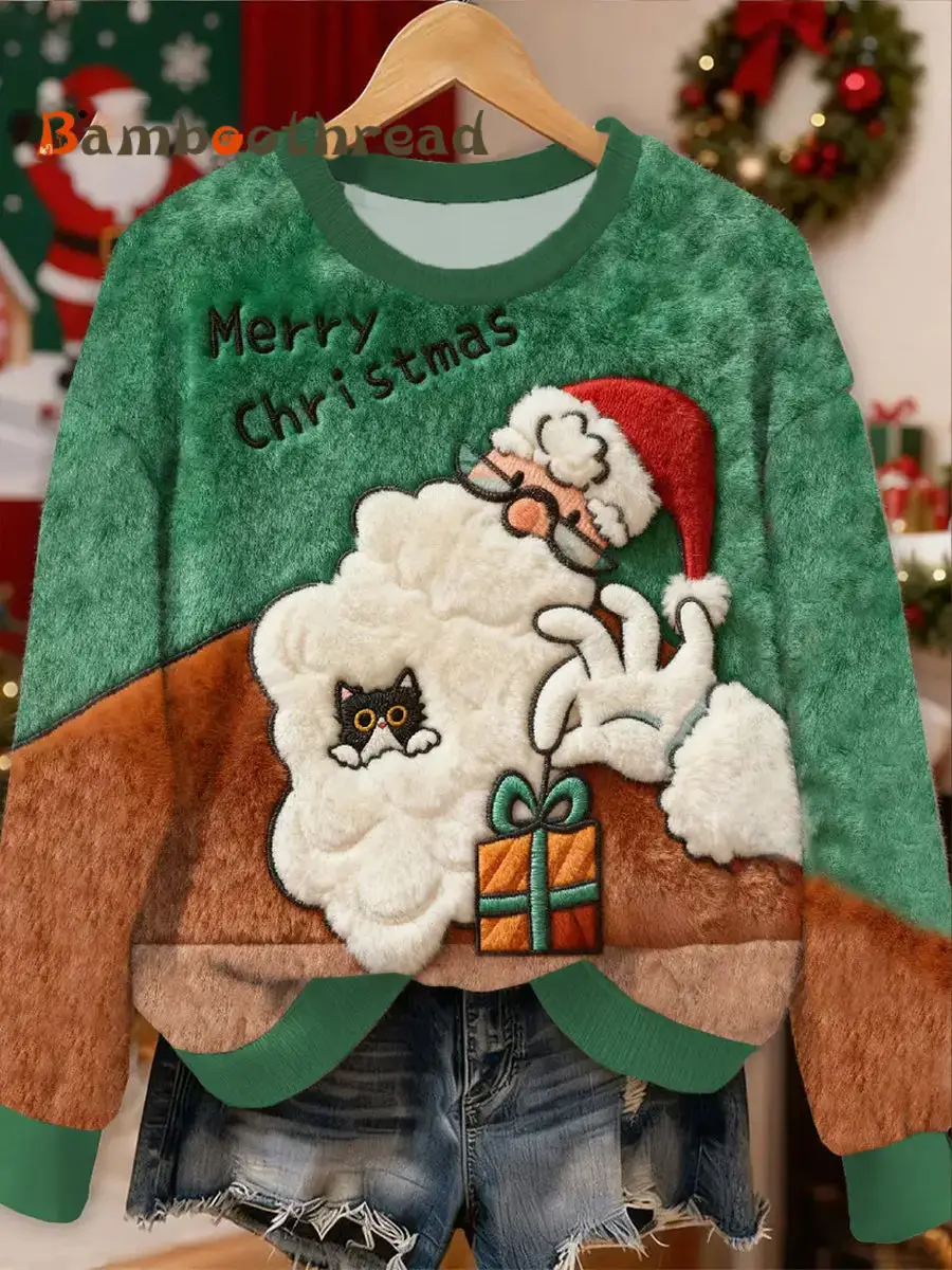 Women's Funny Santa Claus And Cute Cat Flannel Hoodie