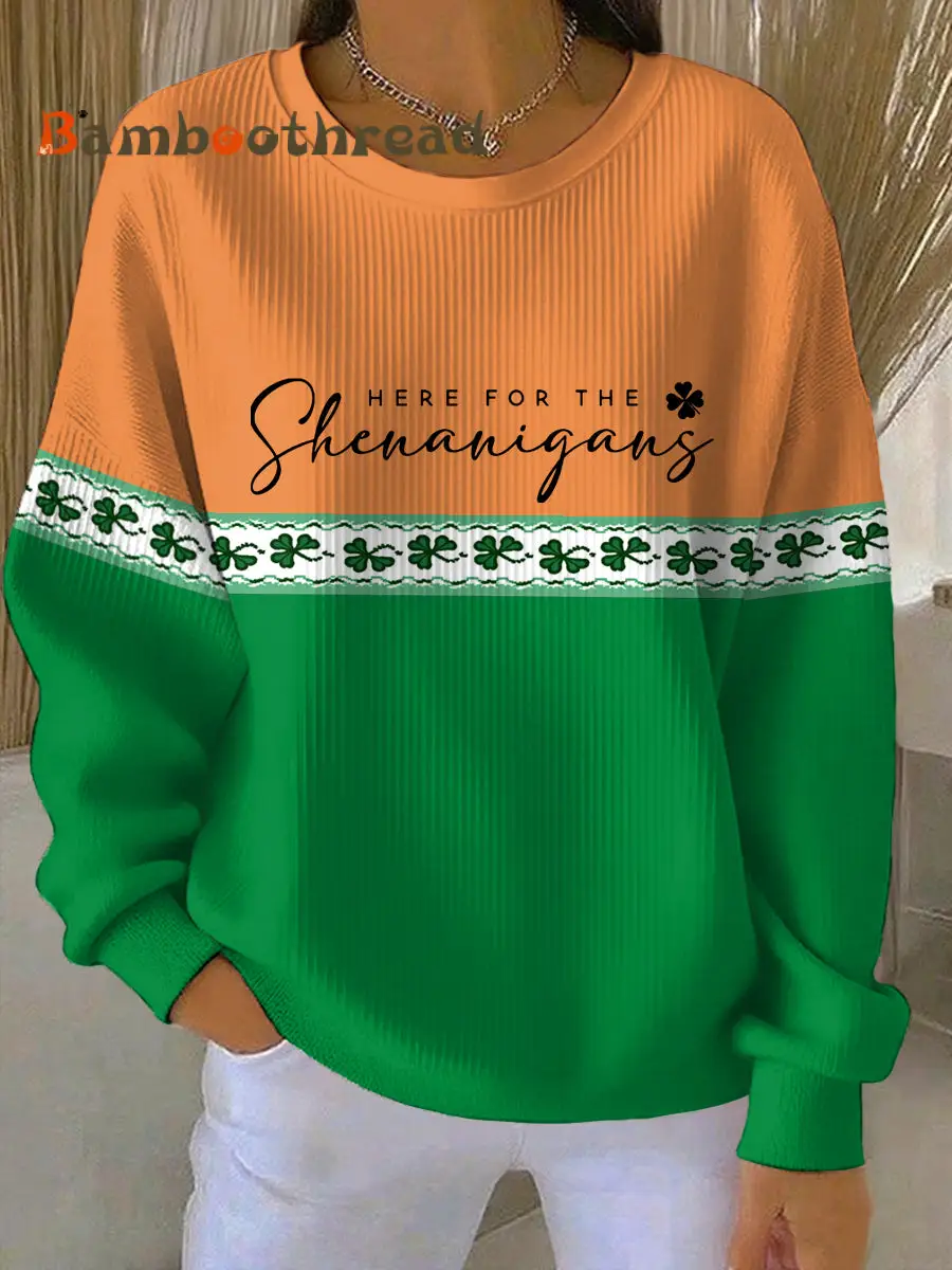 Women's Funny St Patrick's Day Here For The Shenanigans Shamrocks Print Casual Sweatshirt - Image 2