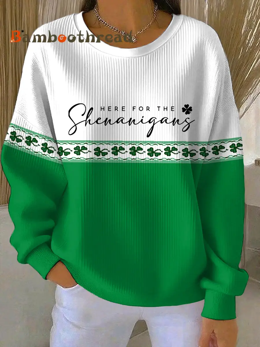 Women's Funny St Patrick's Day Here For The Shenanigans Shamrocks Print Casual Sweatshirt - Image 3