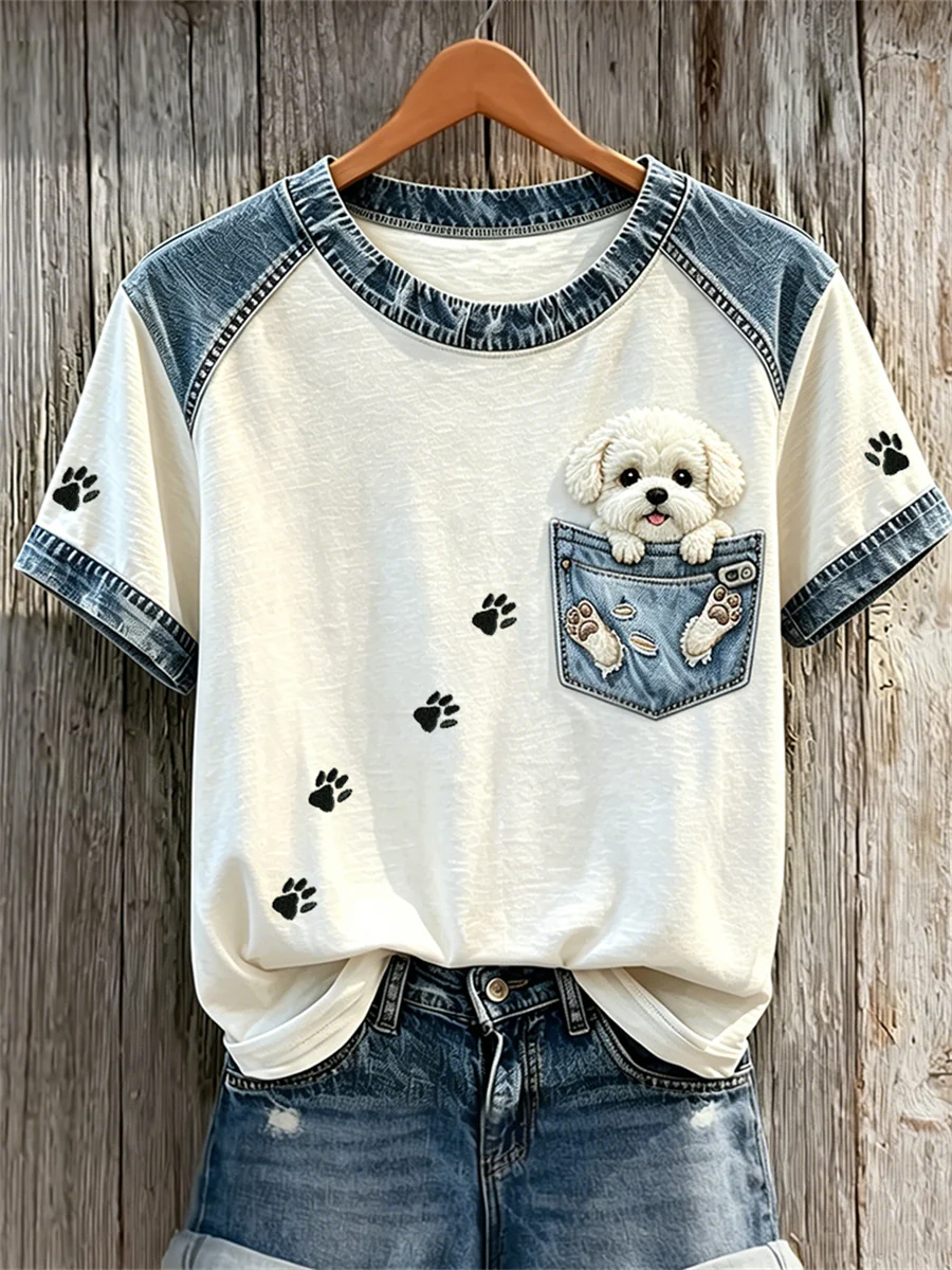 Women's Fuzzy Bichon Dog Fake Pocket & Paw Prints Denim Patchwork Print T-shirts