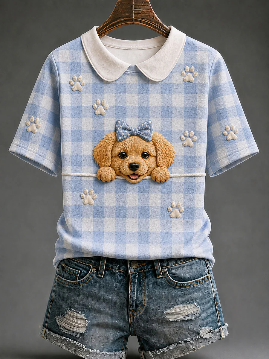 Women's Golden Retriever Plaid Print Casual T-Shirt