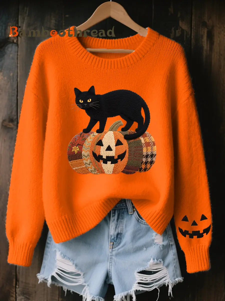 Women's Halloween Black Cat Embroidered Cozy Knit Sweater