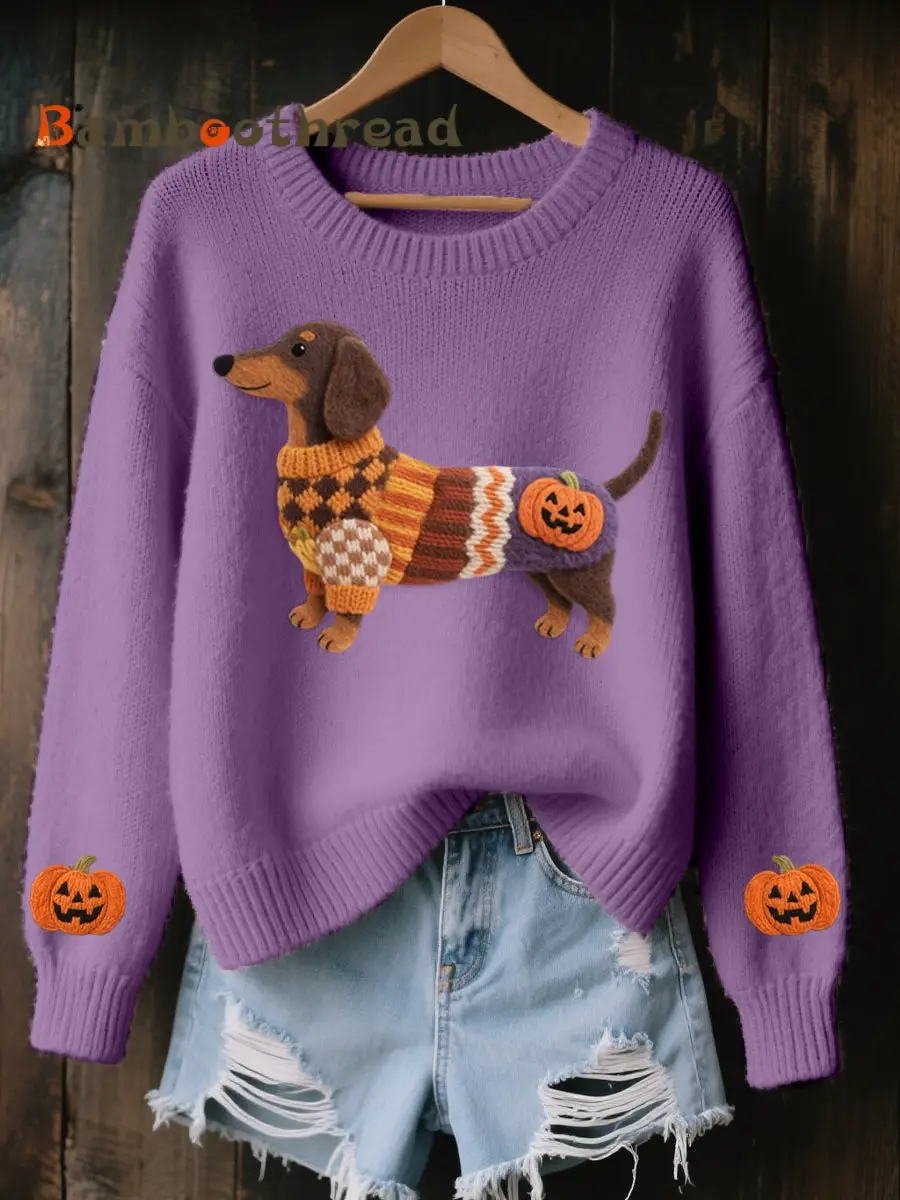Women's Halloween Inspired Dachshund Felt Art Cozy Knit Sweater - Image 2