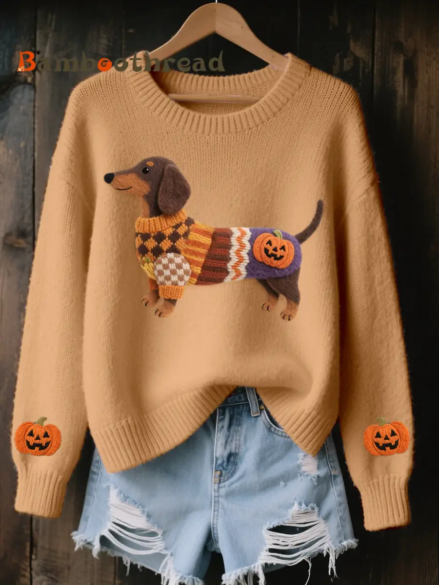 Women's Halloween Inspired Dachshund Felt Art Cozy Knit Sweater - Image 3
