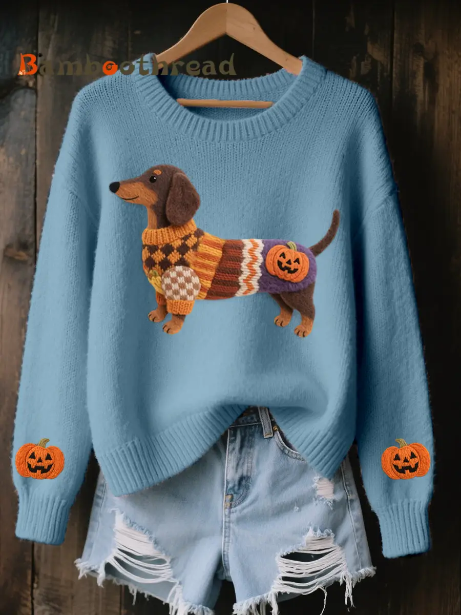 Women's Halloween Inspired Dachshund Felt Art Cozy Knit Sweater - Image 4