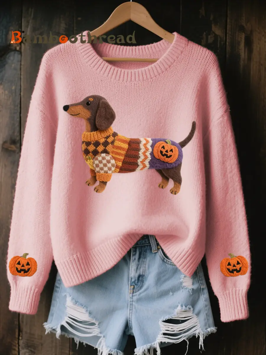 Women's Halloween Inspired Dachshund Felt Art Cozy Knit Sweater - Image 5
