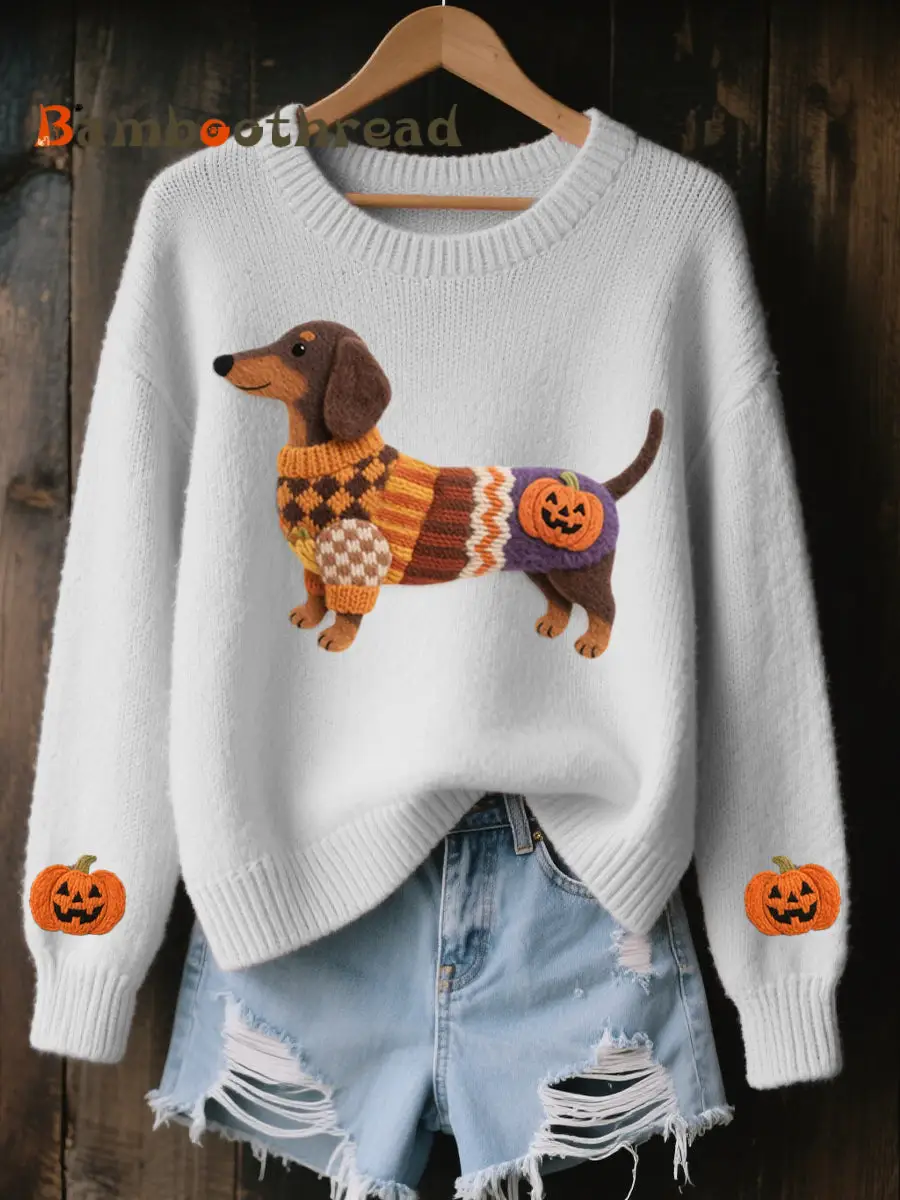 Women's Halloween Inspired Dachshund Felt Art Cozy Knit Sweater - Image 6