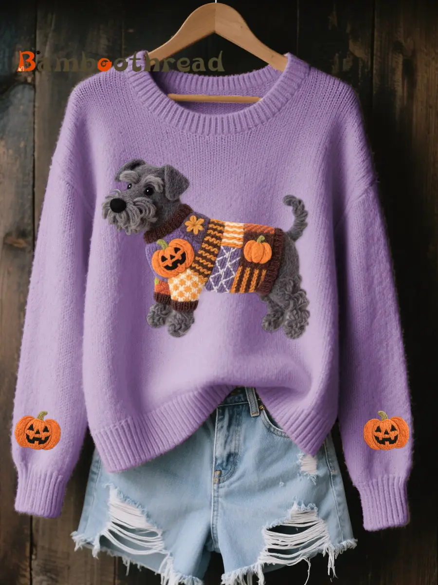 Women's Halloween Inspired Schnauzer Dog Felt Art Cozy Knit Sweater - Image 2