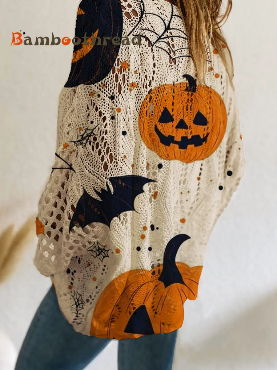Women's Halloween Pumpkin Bats Print Casual Loose Hollow Sweater - Image 2