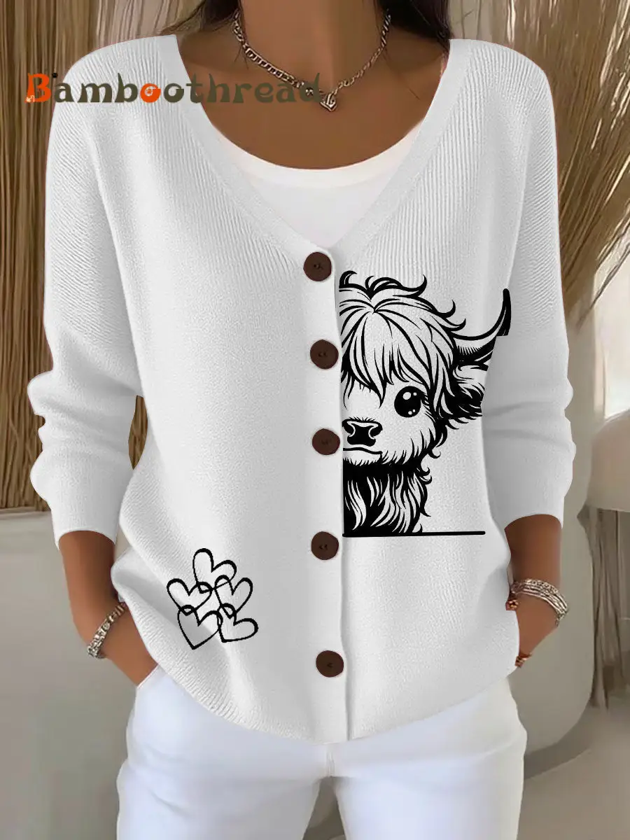 Women's Highland Cow Print Casual Cardigan - Image 2