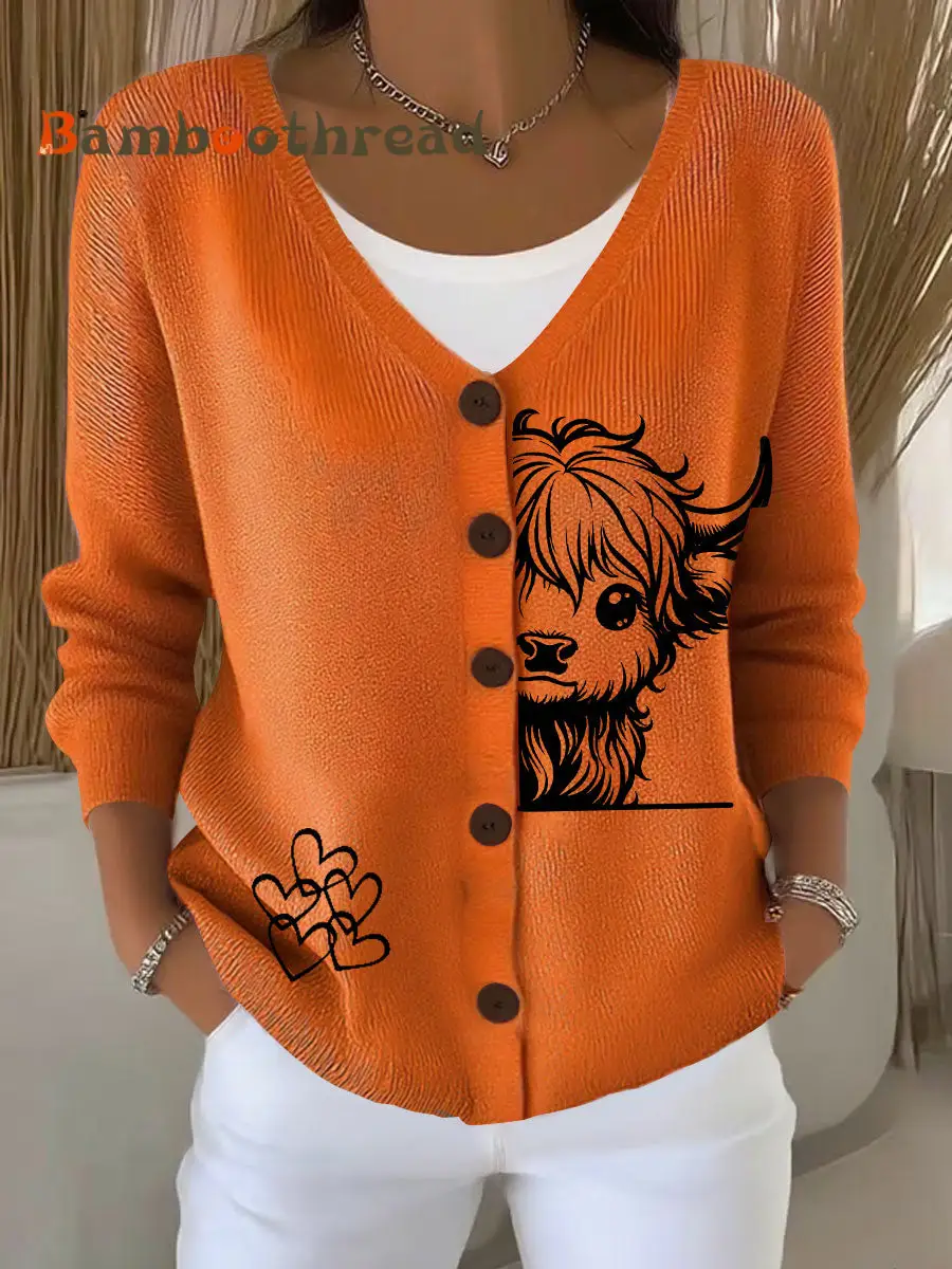 Women's Highland Cow Print Casual Cardigan - Image 3