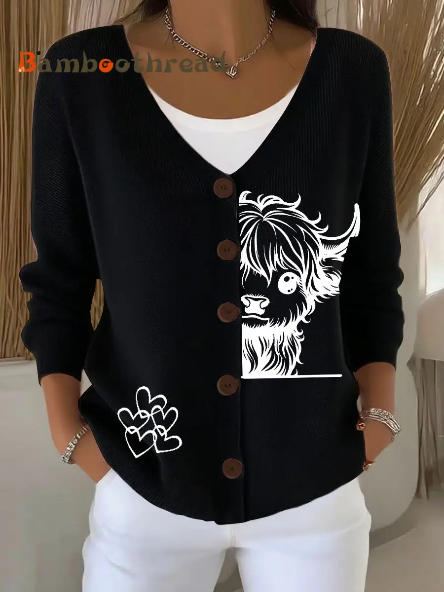 Women's Highland Cow Print Casual Cardigan - Image 4
