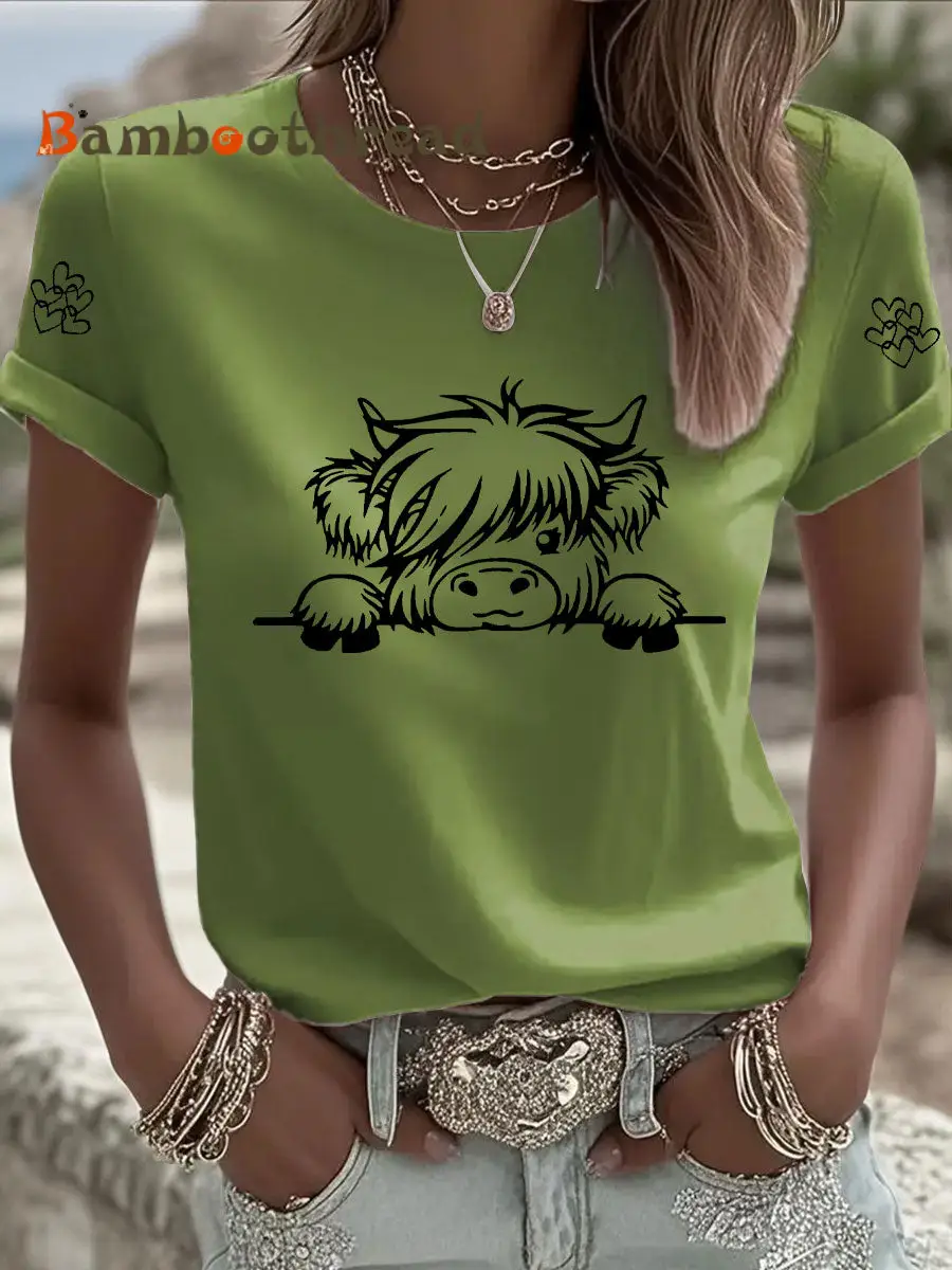 Women's Highland Cow Print Casual T-shirt - Image 3