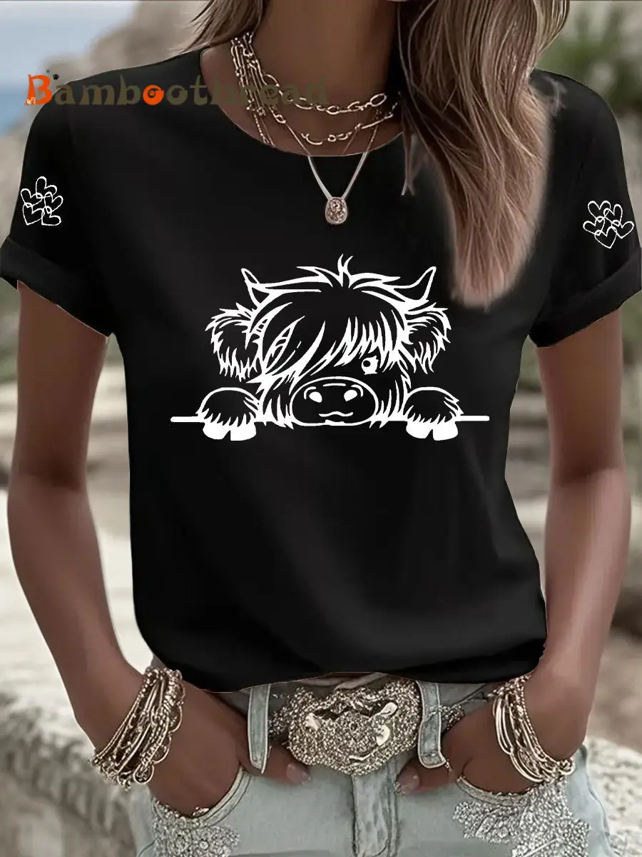 Women's Highland Cow Print Casual T-shirt - Image 6