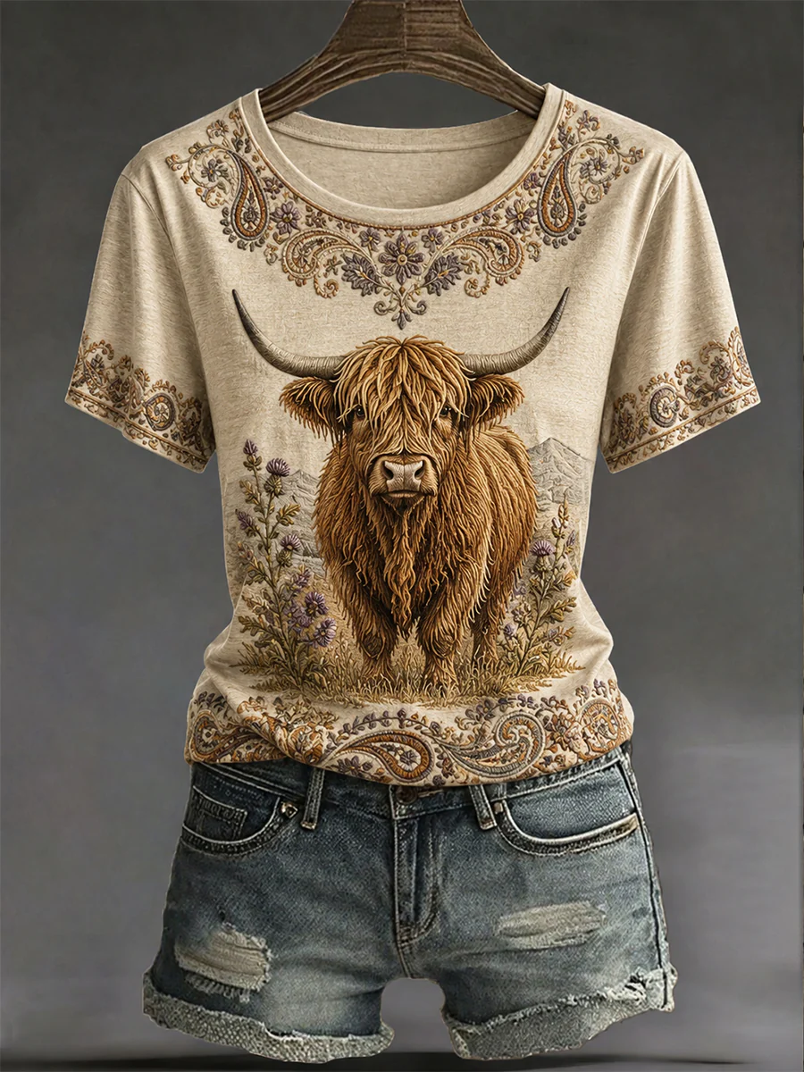 Women's Highland Denim Plaid Print T-shirt