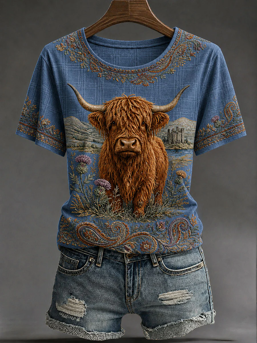 Women's Highland Denim Plaid Print T-shirt