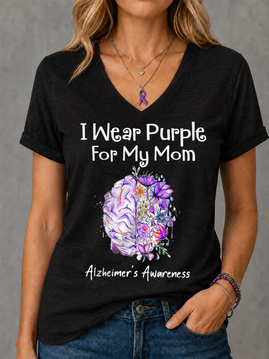 Women's I Wear Purple For My Mom Floral Print Alzheimer's Awareness Support V-Neck Tee - Image 2